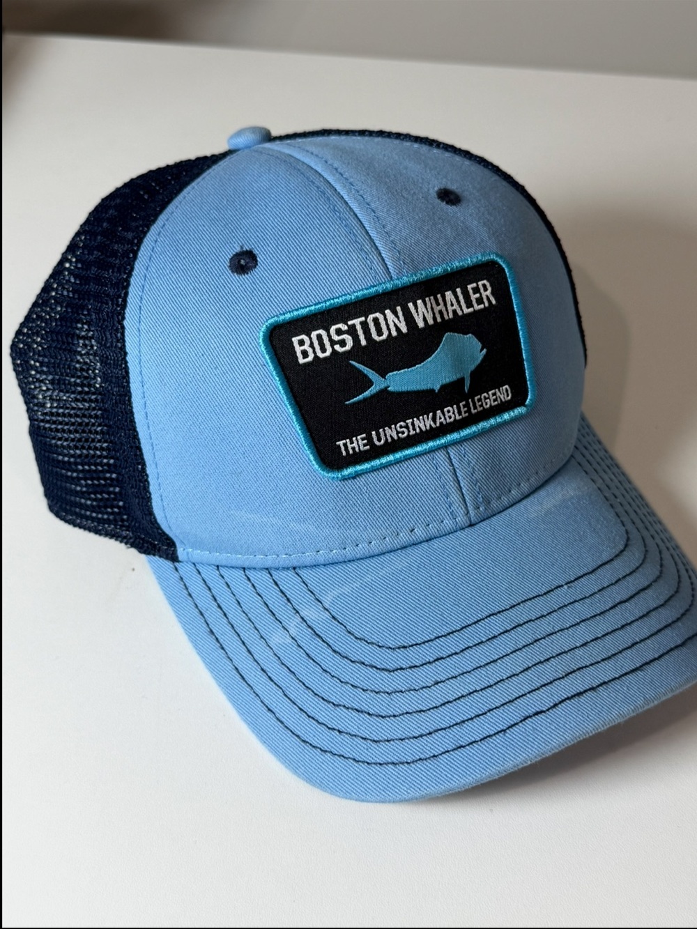 Boston Whaler Patch Logo Men’s Light Blue & Navy Mesh Trucker Cap
